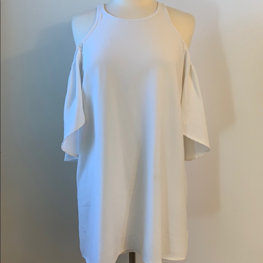 Off white cold shoulder, flutter sleeve tunic